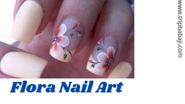 Floral Nail Art with a Nude Base